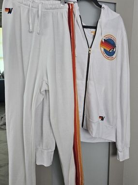 Aviator Nation White Rainbow Stripe Hoodie & Sweatpants Set The Hamptons